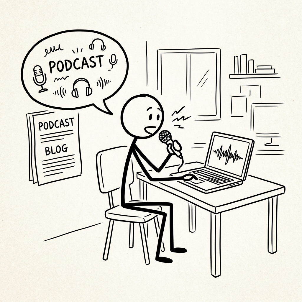 Stick figure recording a podcast with microphone and laptop showing sound waves.