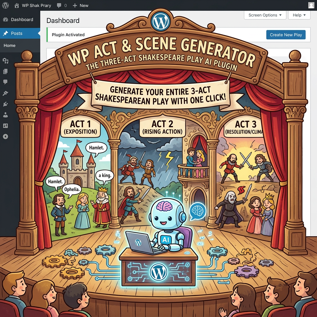 AI robot at a desk with WordPress logo generating a three-act Shakespearean play scene with characters and audience