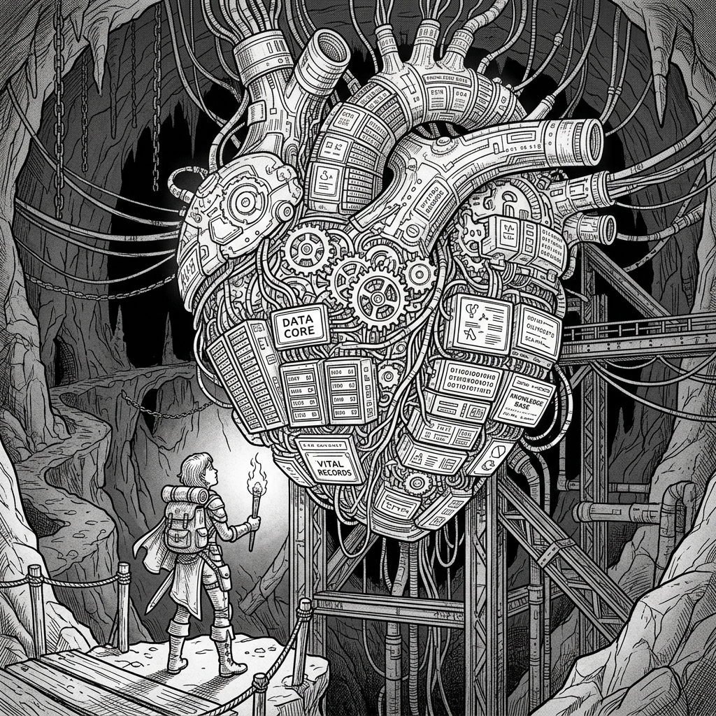 Mechanical heart with data panels and gears in a cavern, viewed by a person holding a torch