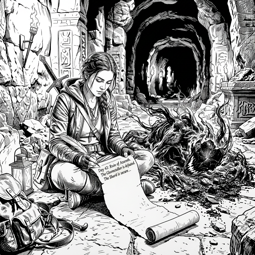 A young woman with a glowing sword and amulet writes on a scroll in ancient stone ruins beside a defeated dark shadow creature with a cracked glowing core.