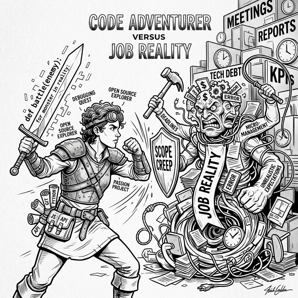 A knight labeled 'Code Adventurer' fighting a chaotic monster labeled 'Job Reality' with symbols of tech job challenges.